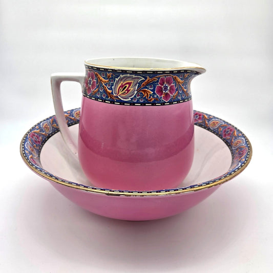 Antique Art Nouveau Pink Pitcher & Wash Basin Bowl Set