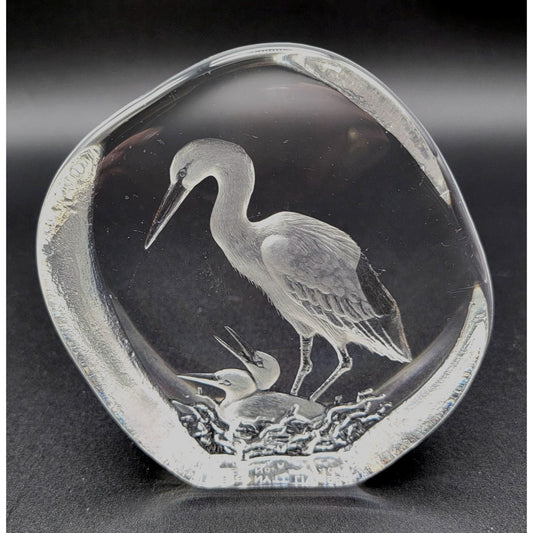 Mats Jonasson Crystal Snowy Egret & Hatchlings Paperweight Signed LE 263/400