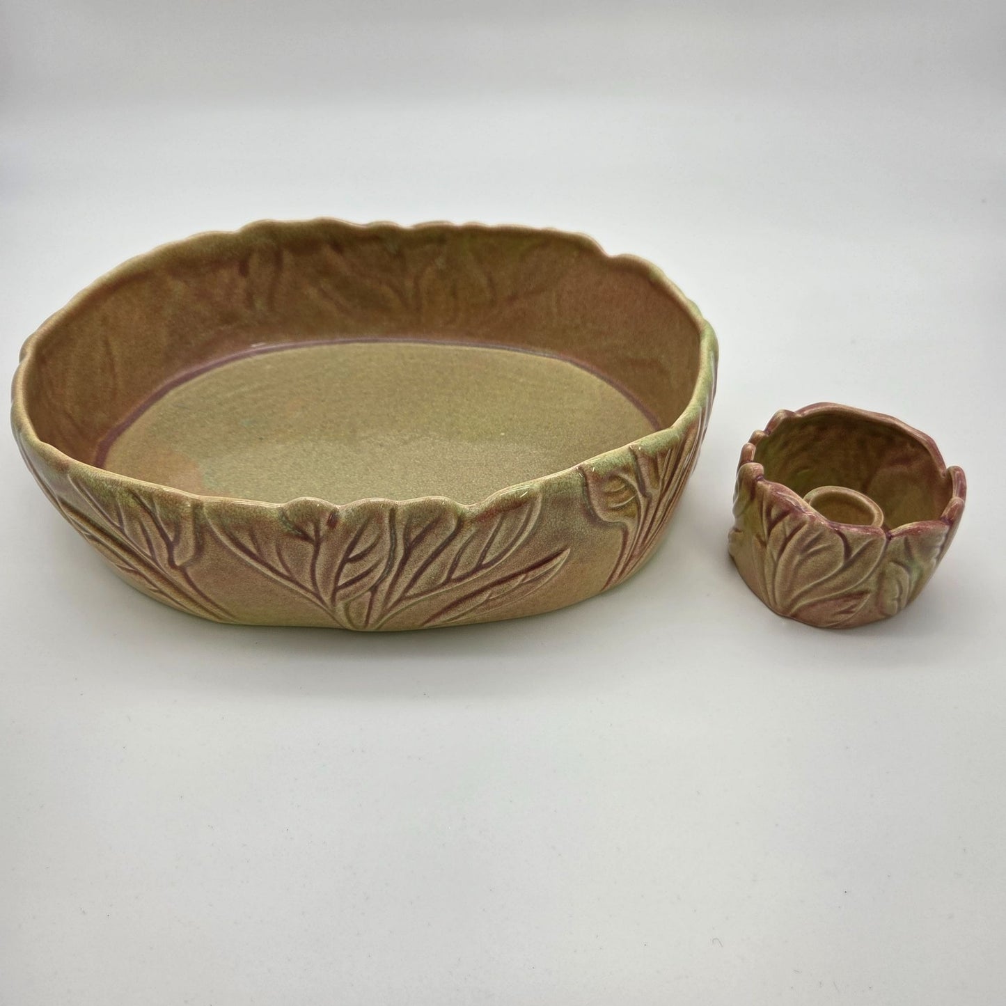 Vintage West Coast Pottery Leaf Low Planter or Serving Dish & Candle Holder