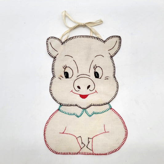 1930s Hand-Embroidered Pig Baby Bib