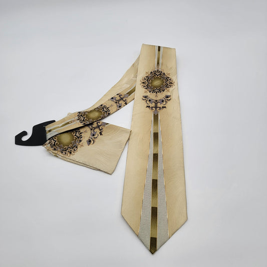 Vintage Franco Di Napoli Ornate Silk Necktie Cream Gold Baroque
