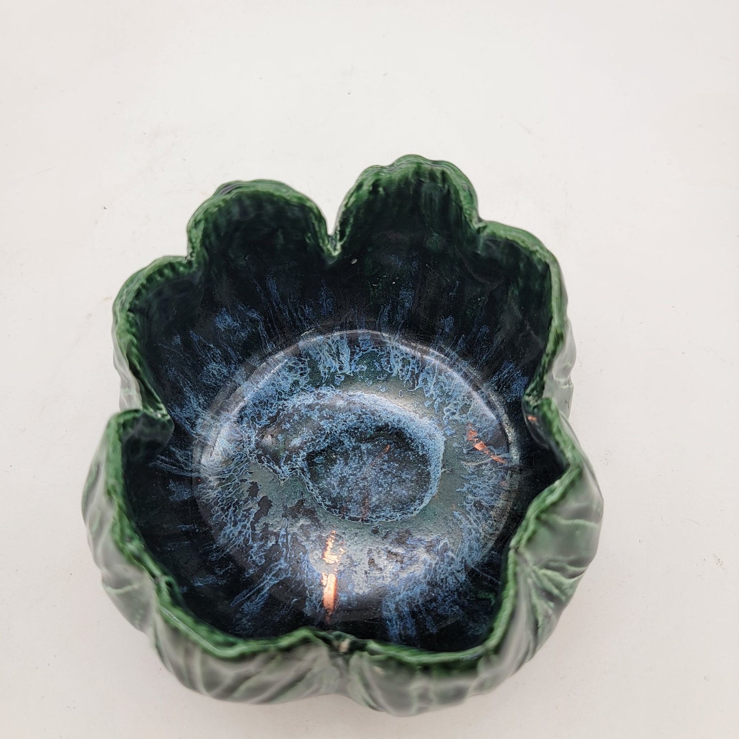 Vintage Majolica Pottery Green Leaf Shaped Bowl