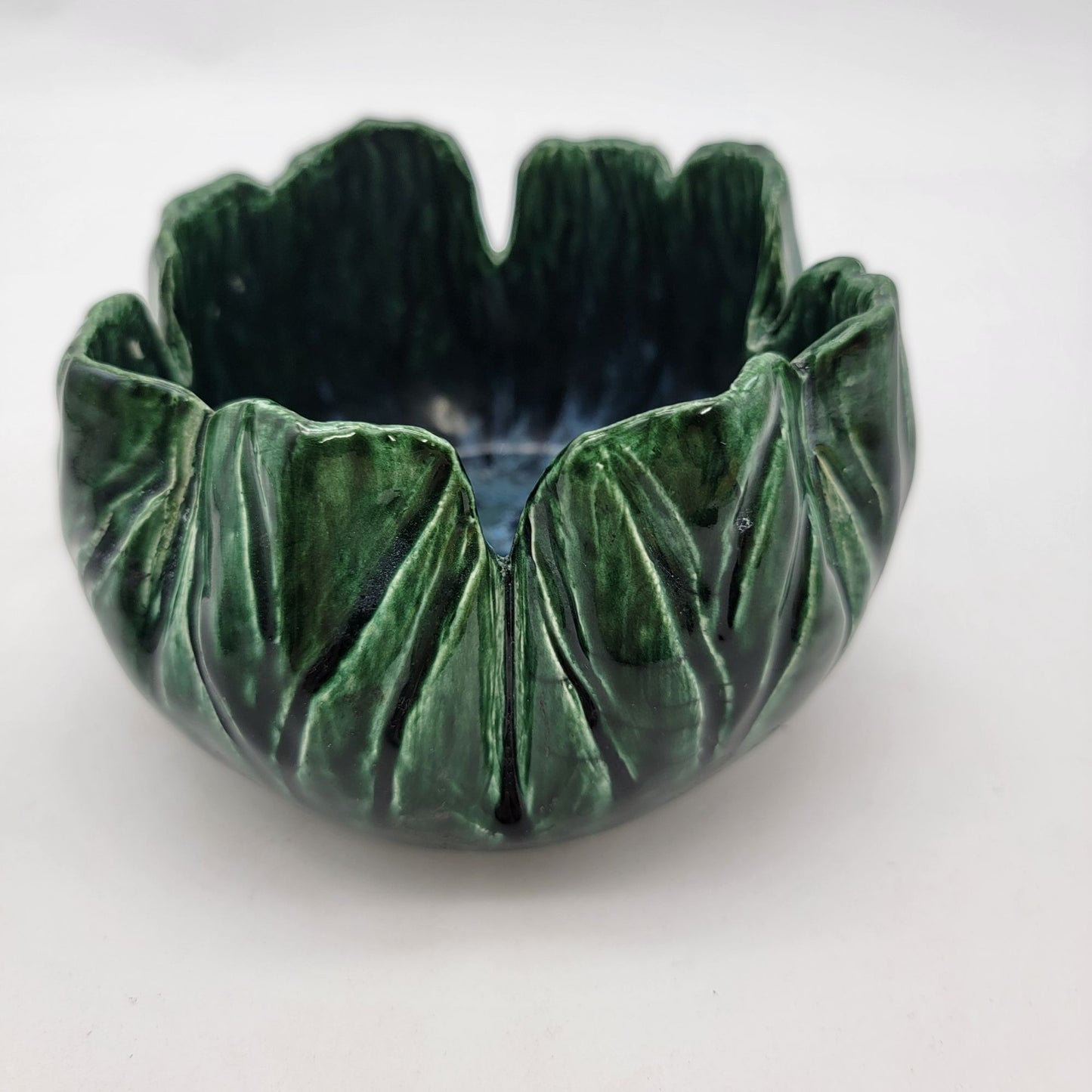 Vintage Majolica Pottery Green Leaf Shaped Bowl