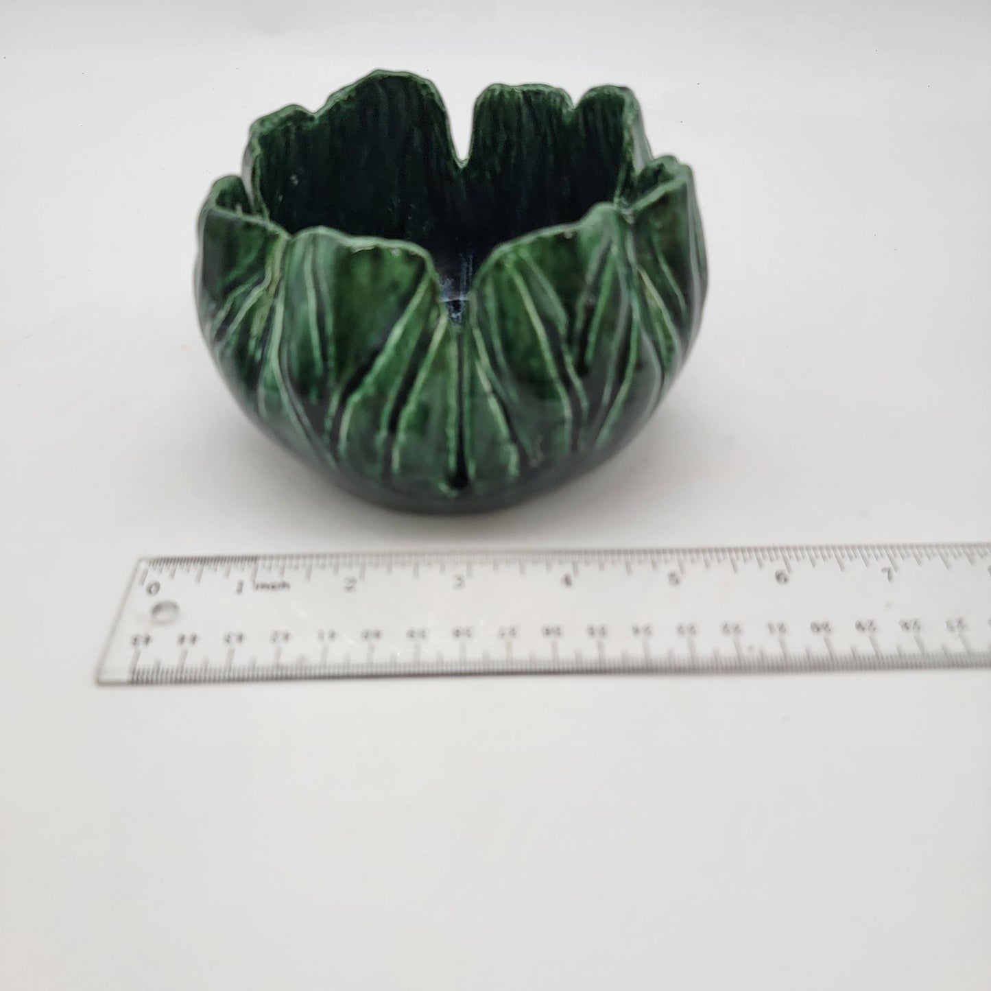 Vintage Majolica Pottery Green Leaf Shaped Bowl