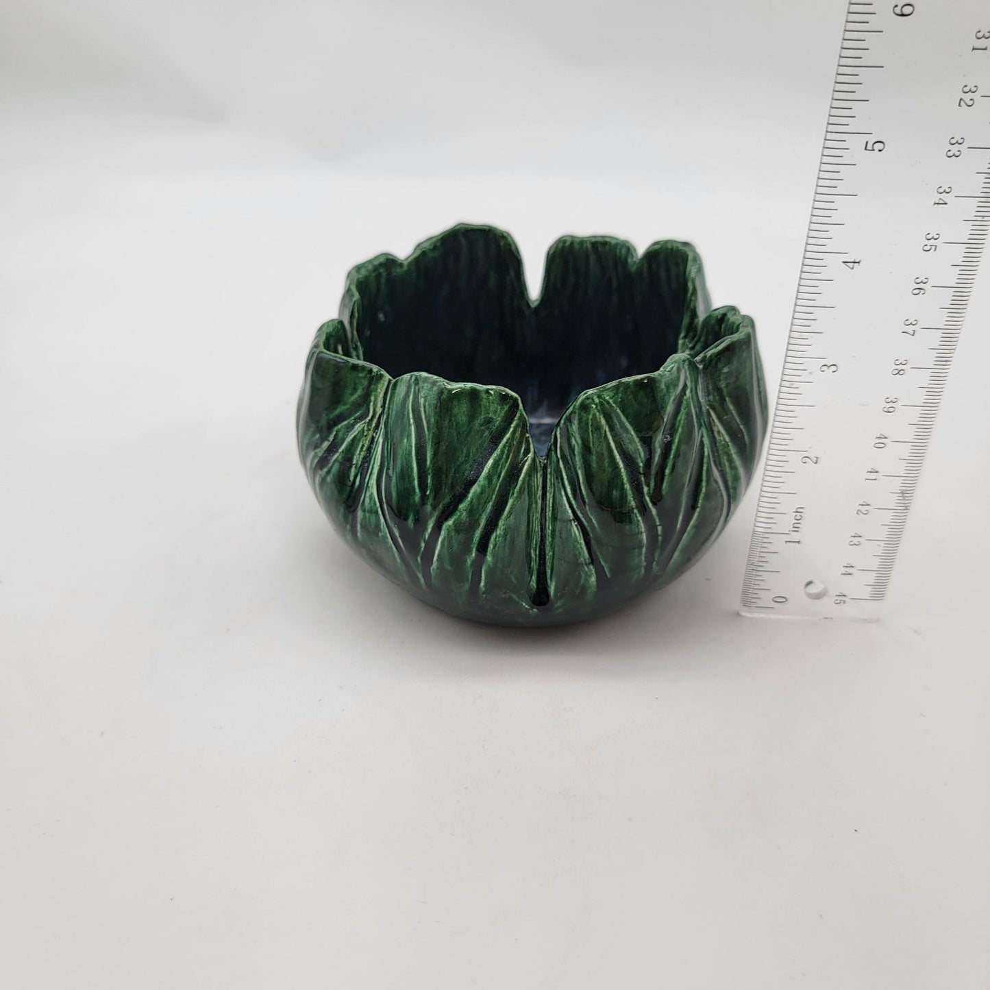 Vintage Majolica Pottery Green Leaf Shaped Bowl