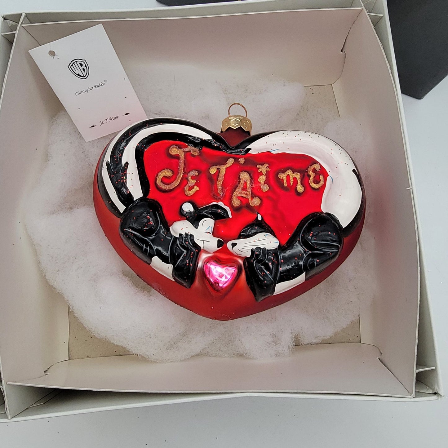 1998 Looney Tunes Christopher Radko Pepe Le Pew Je'Taime Heart Glass Ornament With Box
