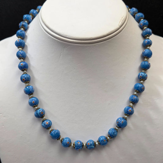 Vintage Venetian Millefiori Blue Glass Beaded Necklace