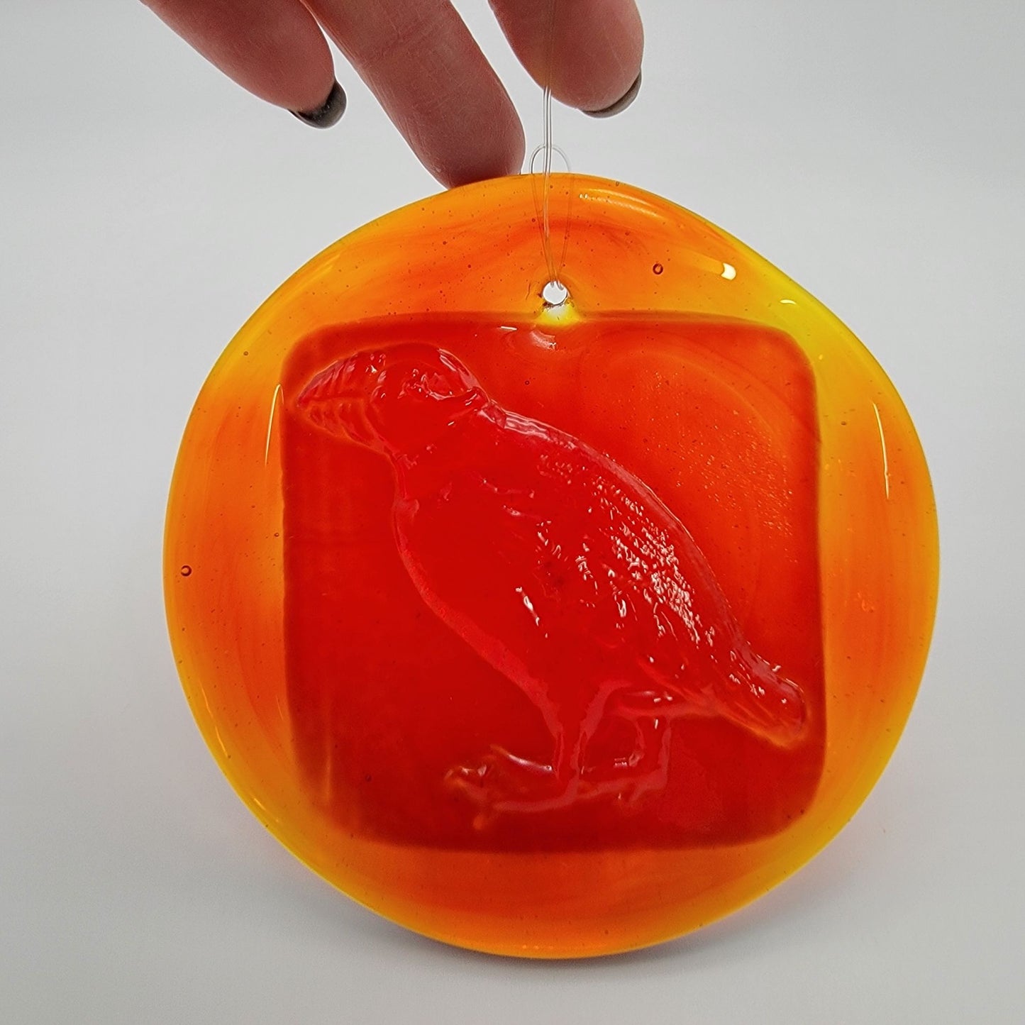 Blenko Glass Amberina Puffin Bird Round Sun Catcher
