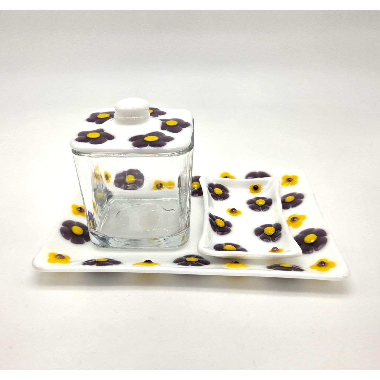 Fused Glass Bathroom Dresser Set Purple Orange Daisy