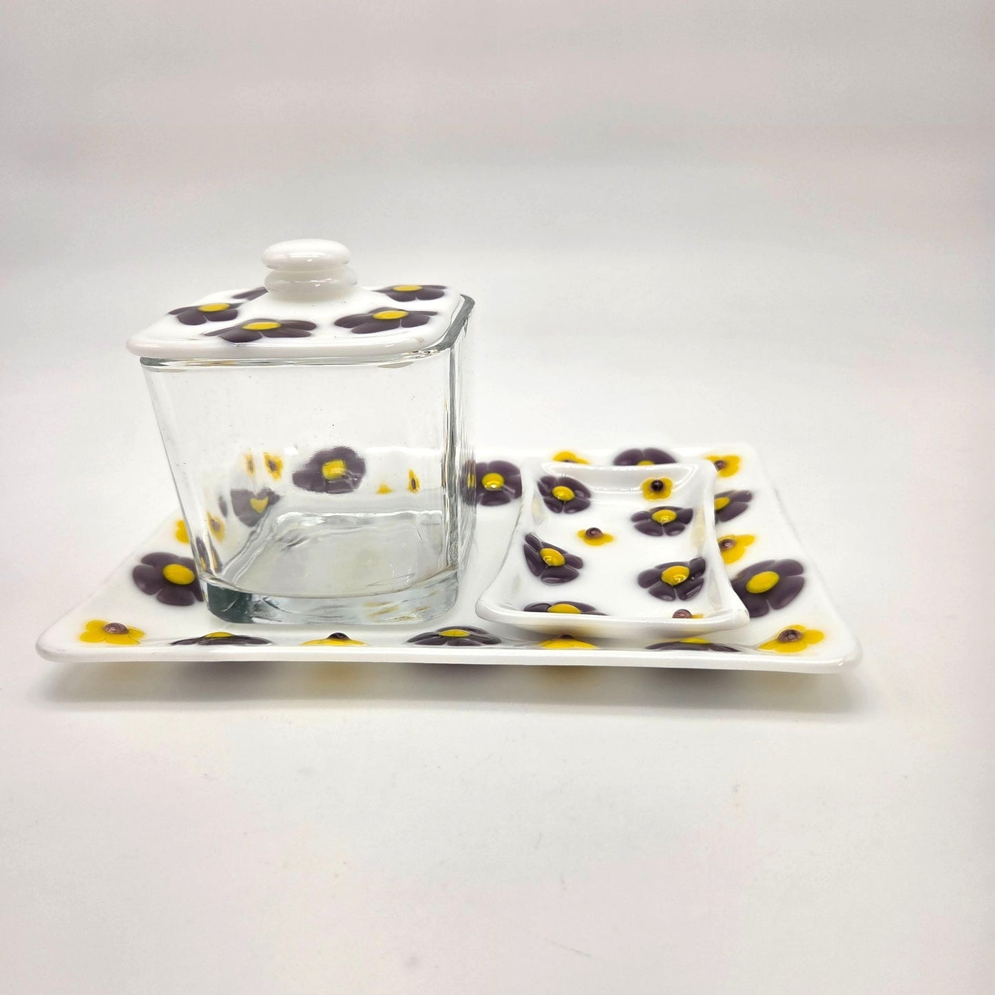 Fused Glass Bathroom Dresser Set Purple Orange Daisy