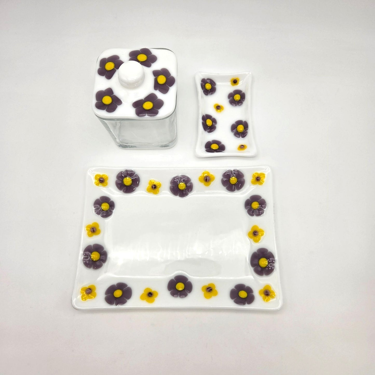 Fused Glass Bathroom Dresser Set Purple Orange Daisy