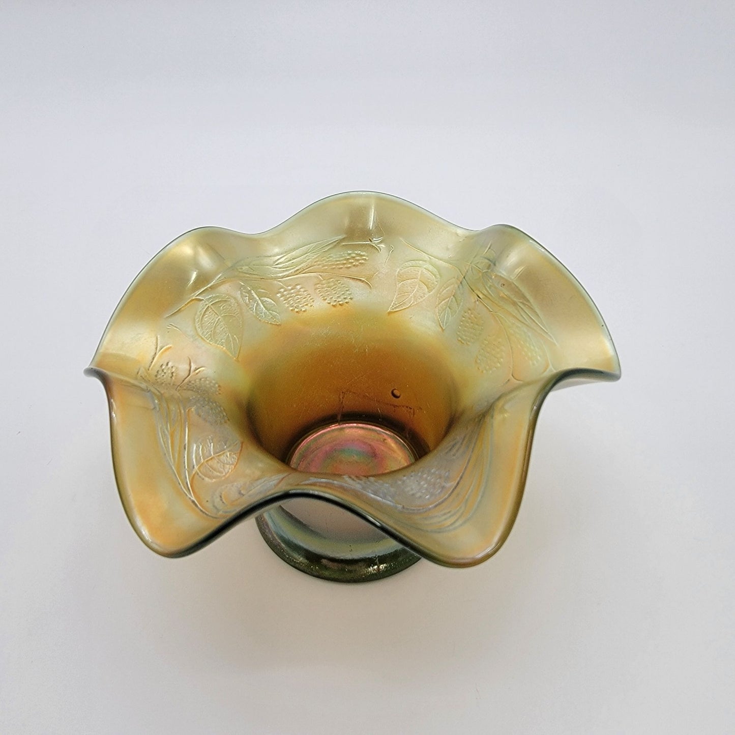 Vintage Fenton Carnival Glass Blackberry Spray Green Bon Bon Hat Candy Dish