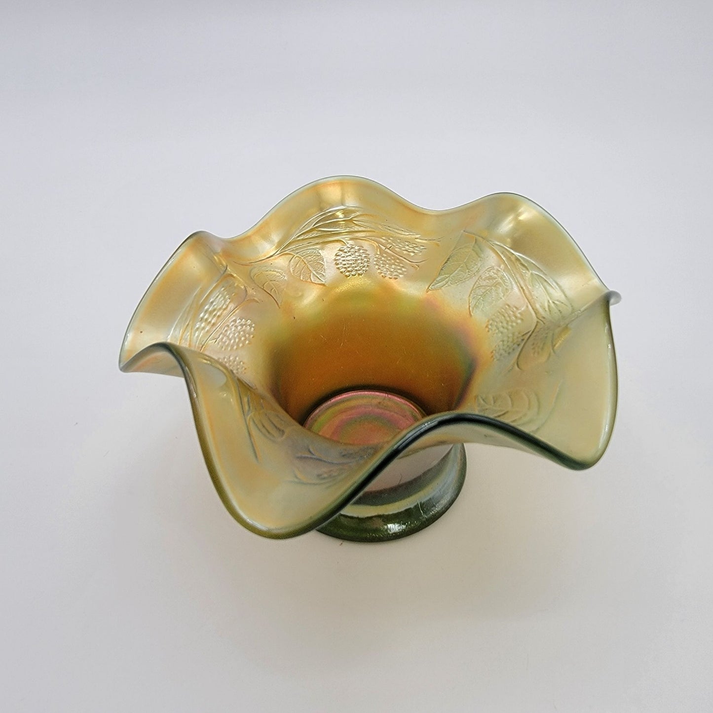 Vintage Fenton Carnival Glass Blackberry Spray Green Bon Bon Hat Candy Dish