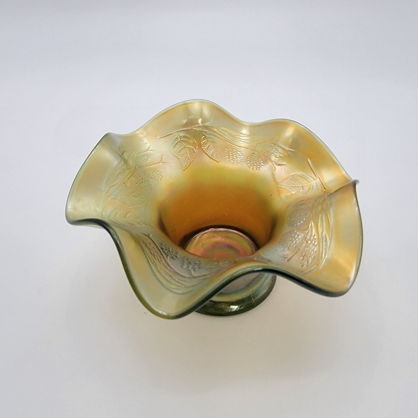 Vintage Fenton Carnival Glass Blackberry Spray Green Bon Bon Hat Candy Dish