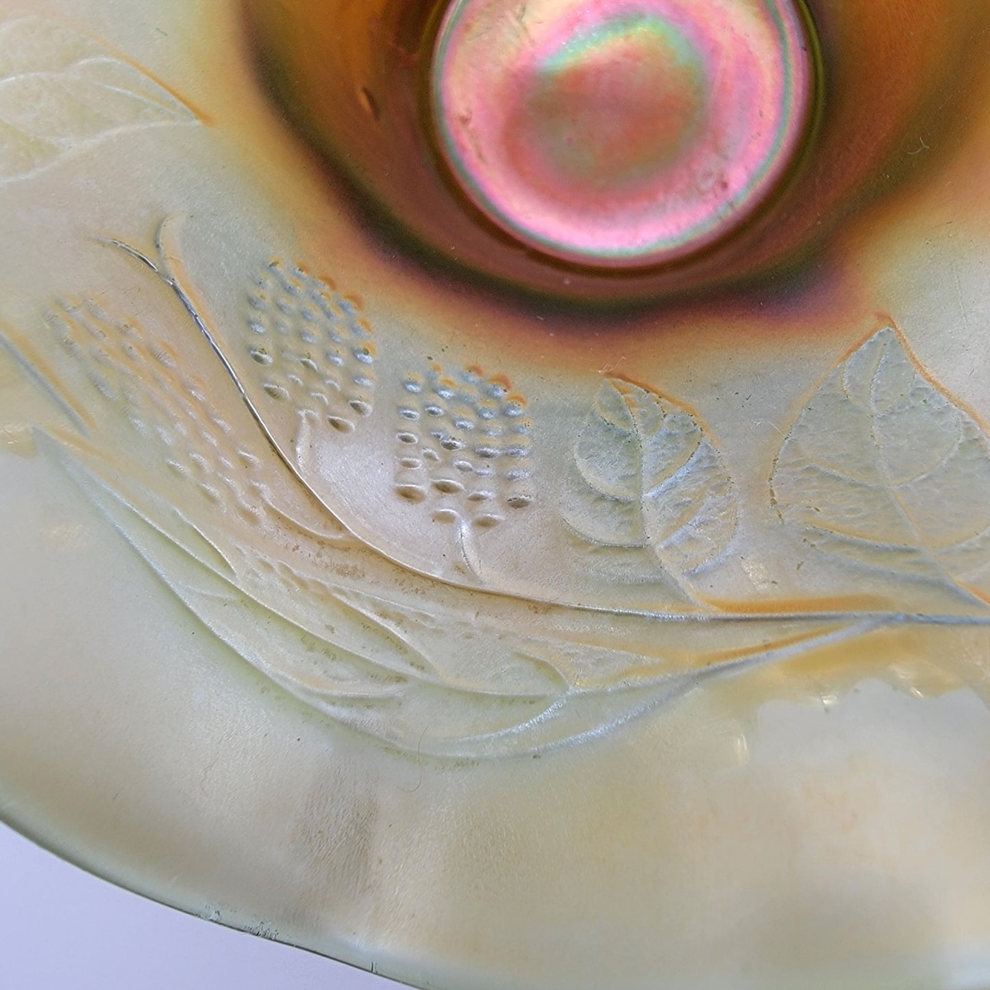 Vintage Fenton Carnival Glass Blackberry Spray Green Bon Bon Hat Candy Dish