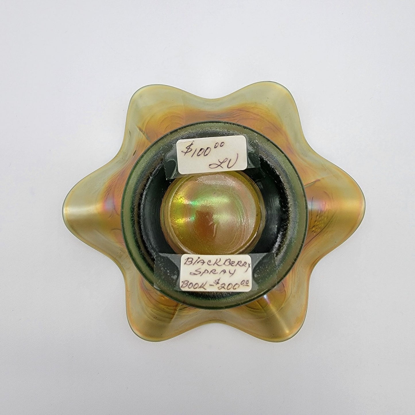 Vintage Fenton Carnival Glass Blackberry Spray Green Bon Bon Hat Candy Dish