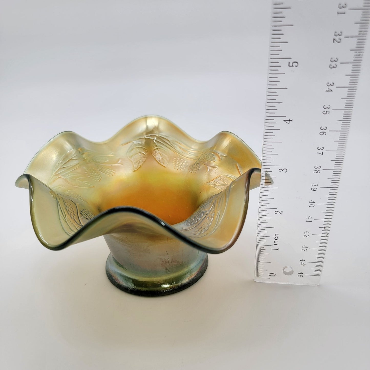 Vintage Fenton Carnival Glass Blackberry Spray Green Bon Bon Hat Candy Dish