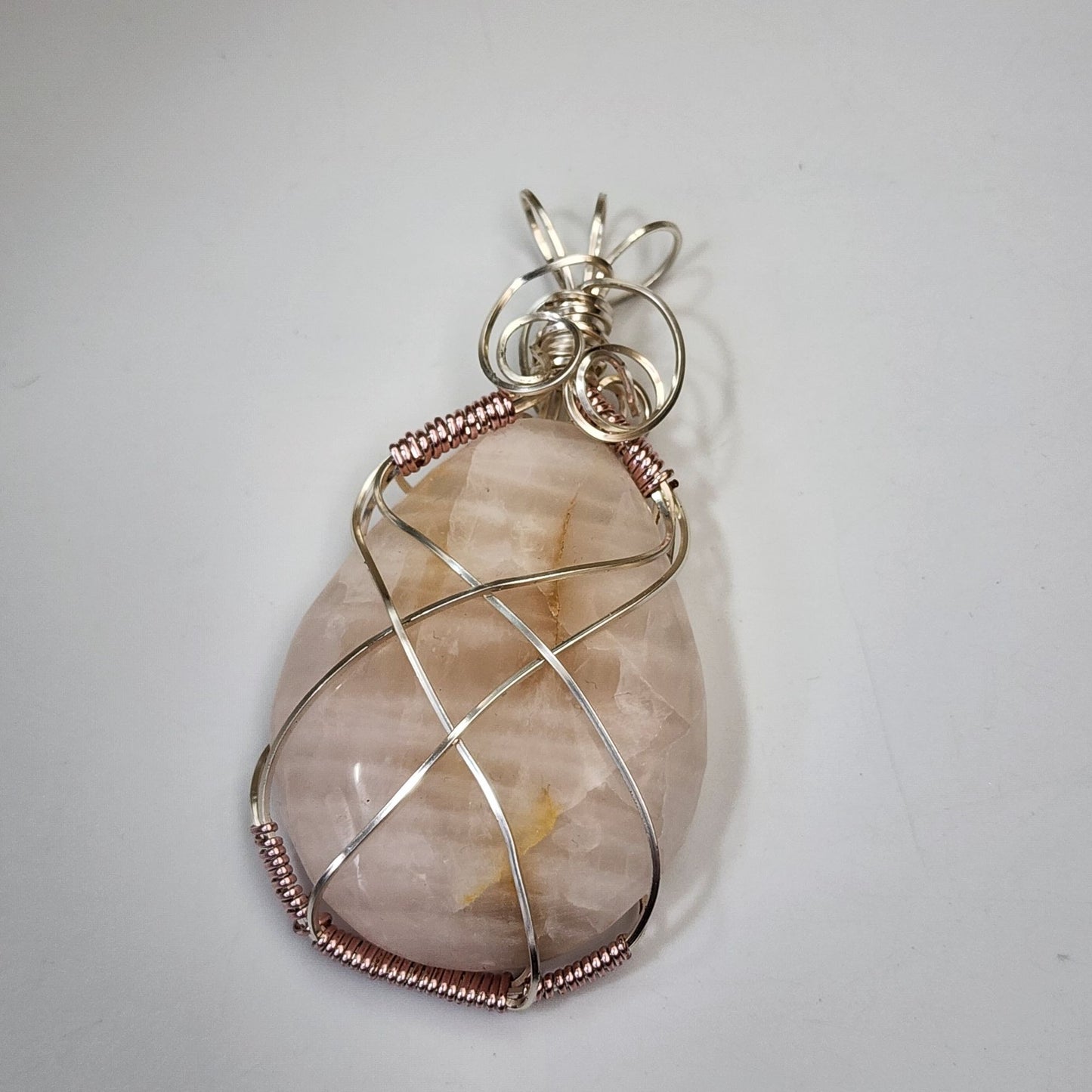 Artisan Copper Wire Wrapped Rose Quartz Gemstone Cabochon Pendant