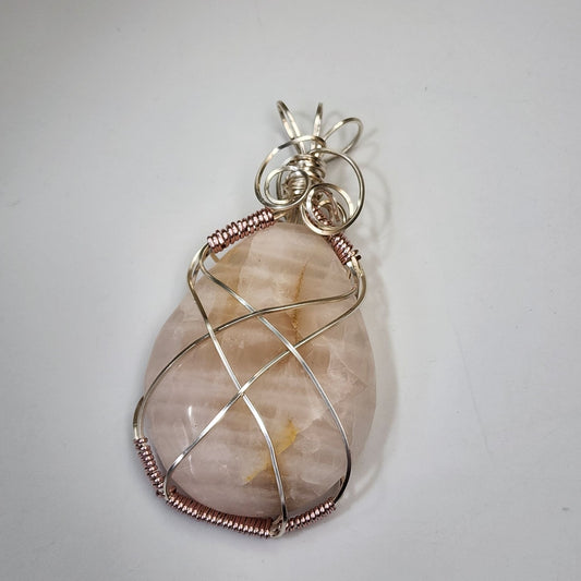 Artisan Copper Wire Wrapped Rose Quartz Gemstone Cabochon Pendant