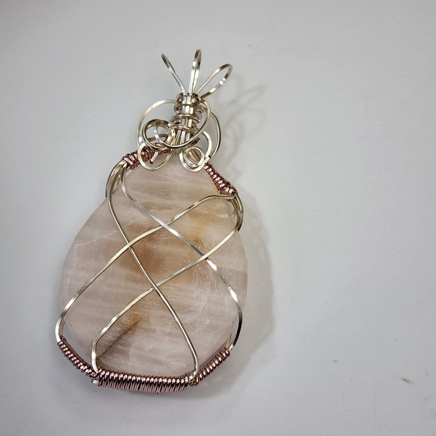 Artisan Copper Wire Wrapped Rose Quartz Gemstone Cabochon Pendant