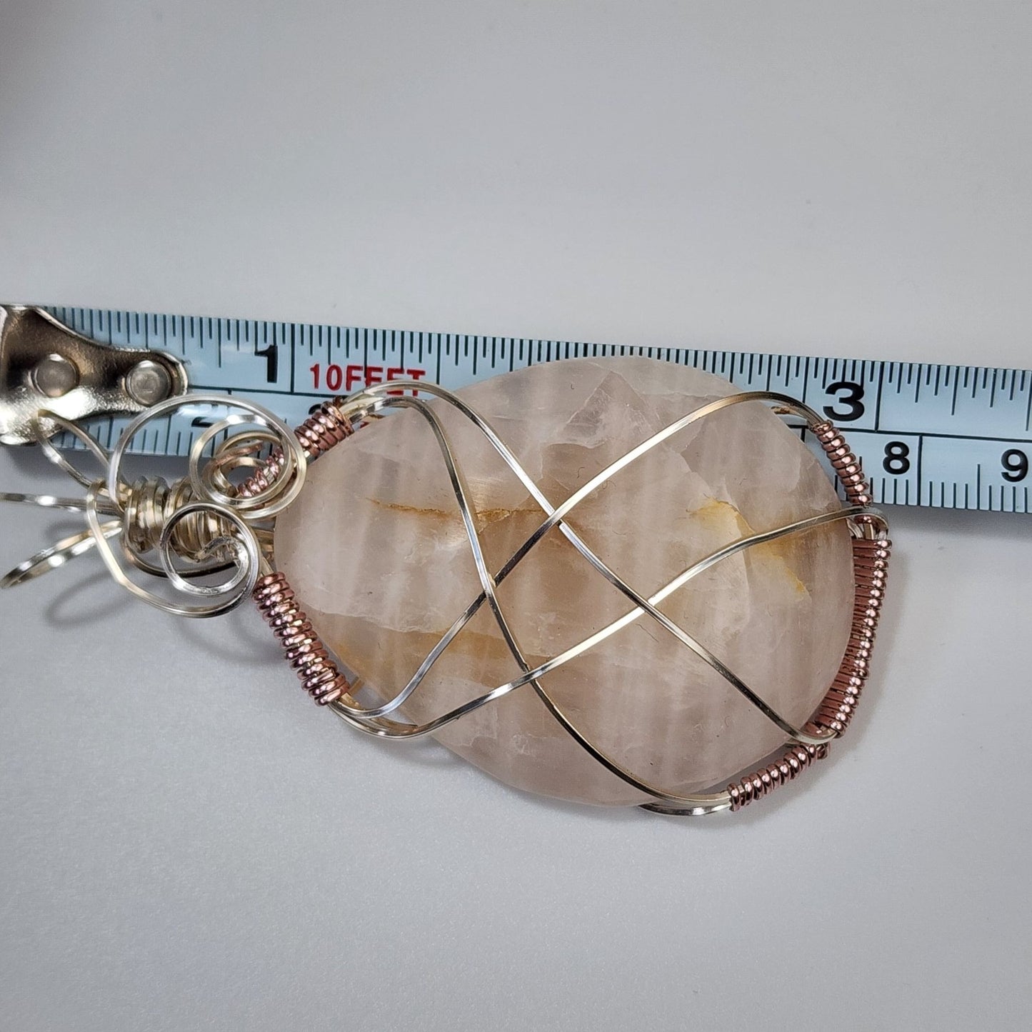 Artisan Copper Wire Wrapped Rose Quartz Gemstone Cabochon Pendant