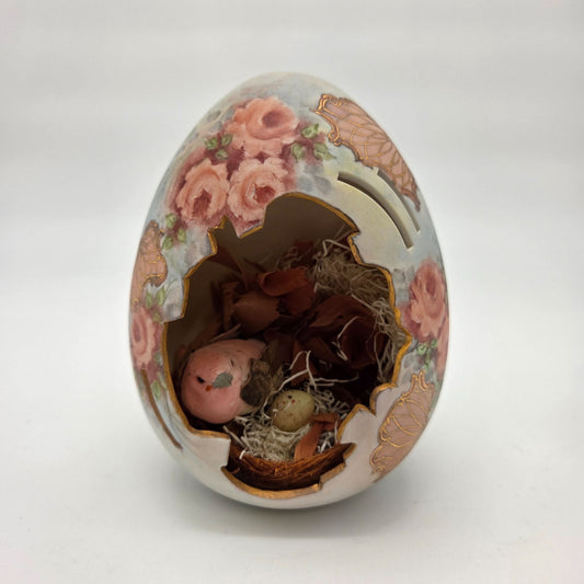 Vintage Cut Out Porcelain Egg Hand-Painted Roses with Diorama Bird and Nest
