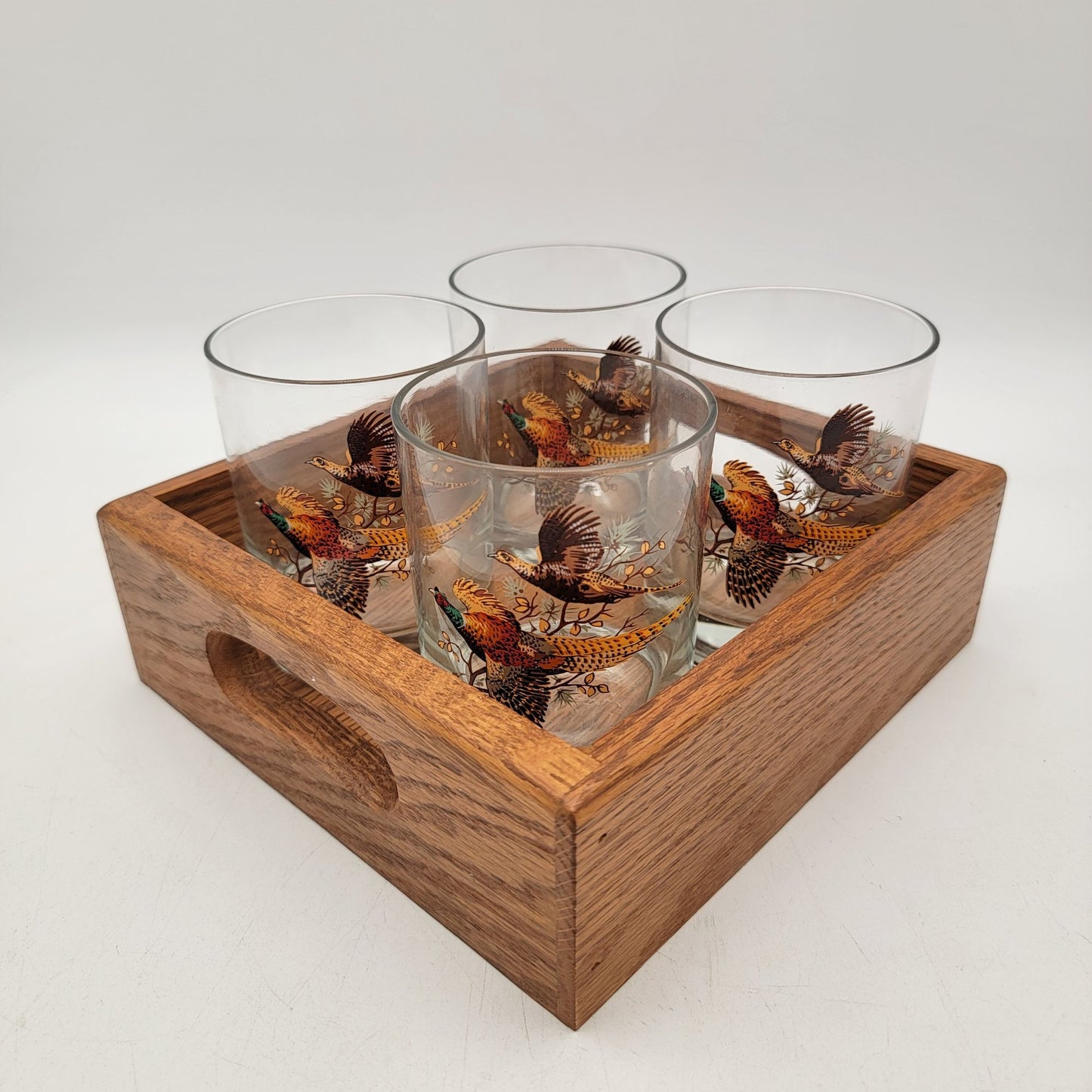 Vintage Libbey Pheasant Bar Glasses in Wood Tray