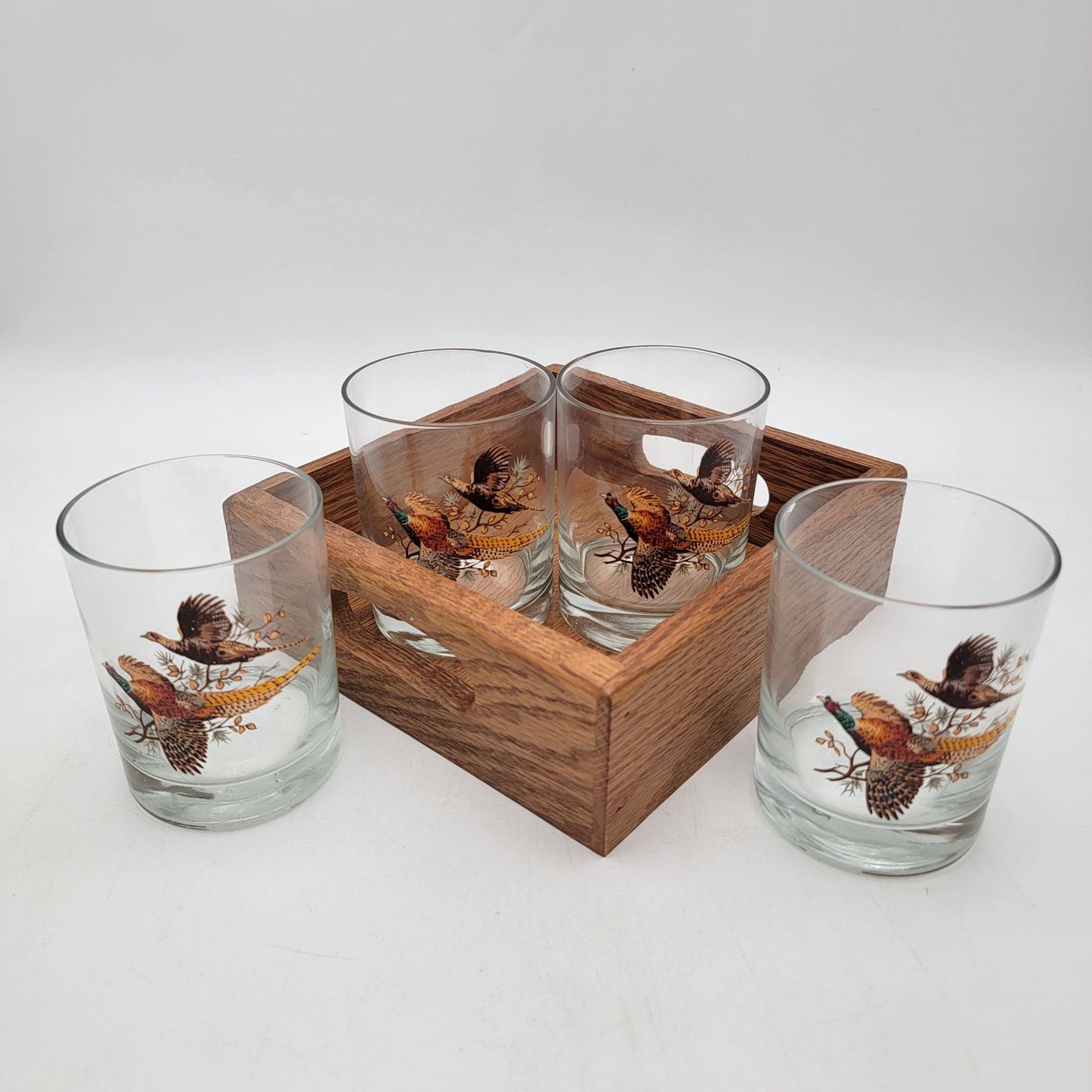 Vintage Libbey Pheasant Bar Glasses in Wood Tray