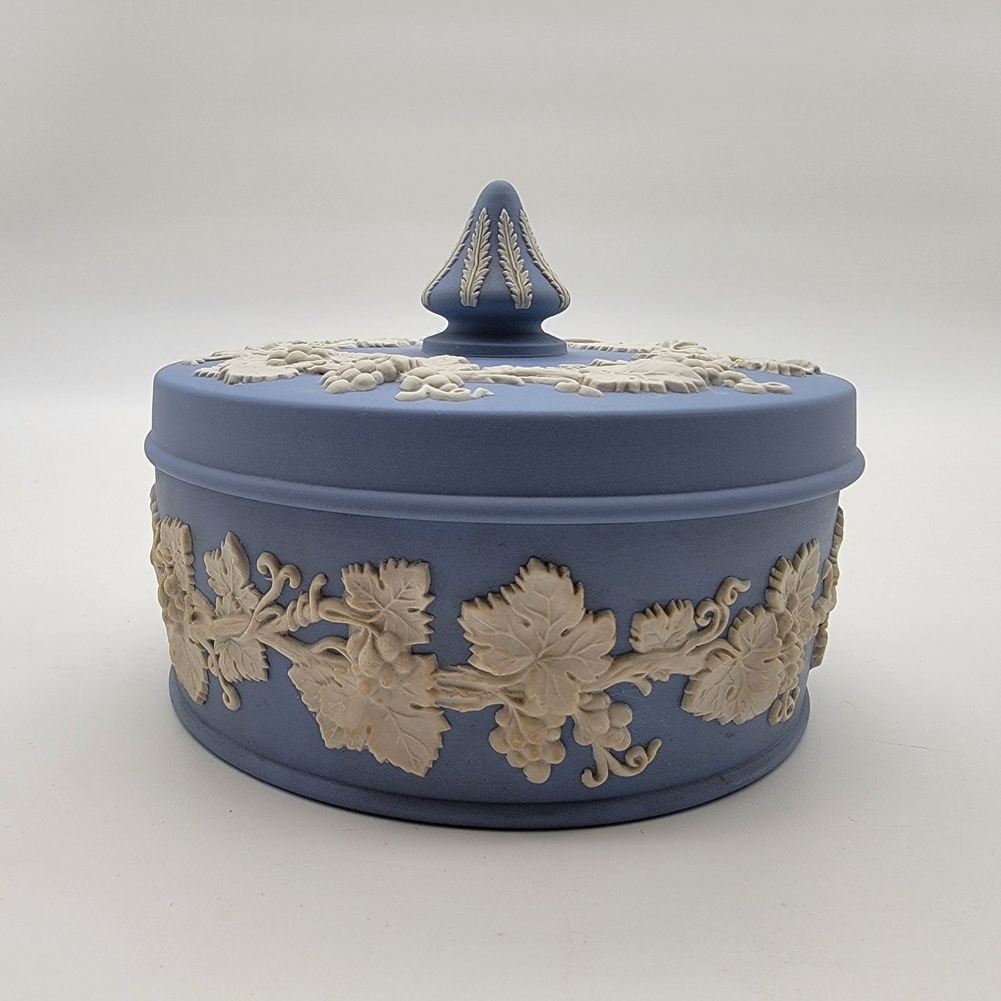 Vintage Wedgwood Blue Jasperware Grape Vine Trinket Jar