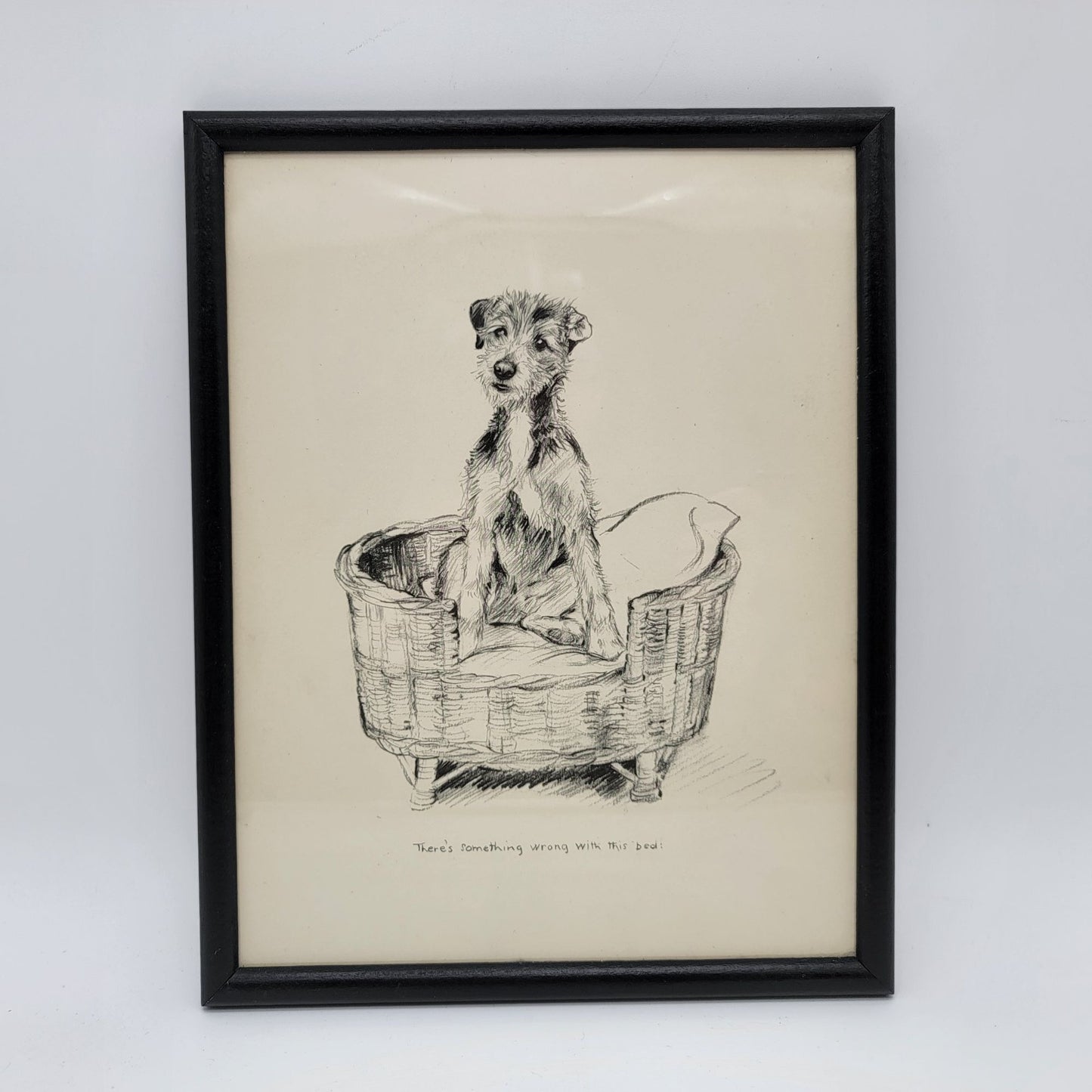 Vintage 1933 K F Barker Terrier Dog Framed Sketch Print "Theres Something Wrong With This Bed"