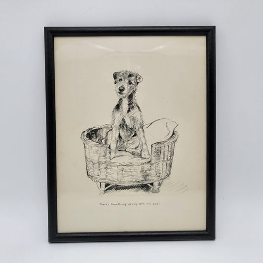 Vintage 1933 K F Barker Terrier Dog Framed Sketch Print "Theres Something Wrong With This Bed"