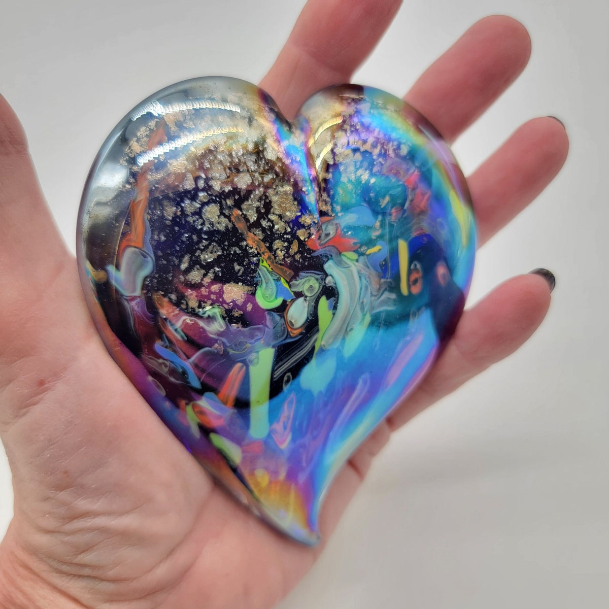 Iridescent Hand-Blown Art Glass Heart Paperweight
