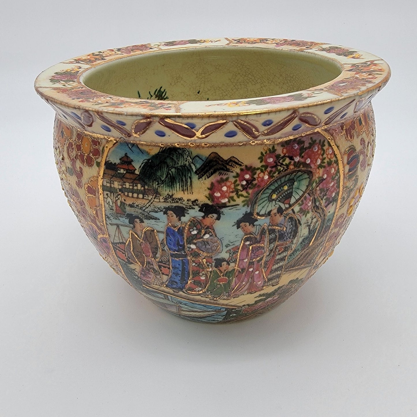 Vintage Satsuma Goldfish Planter Handpainted Geisha Scene