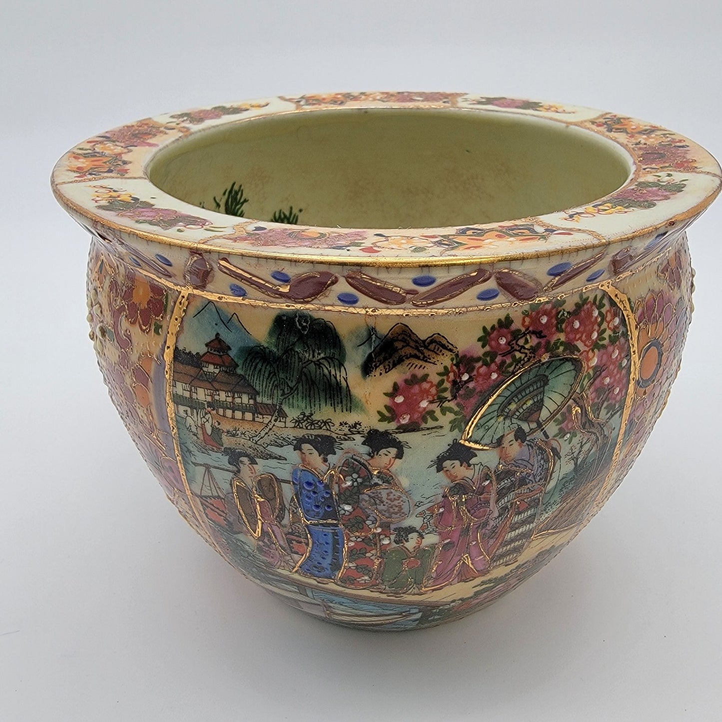 Vintage Satsuma Goldfish Planter Handpainted Geisha Scene
