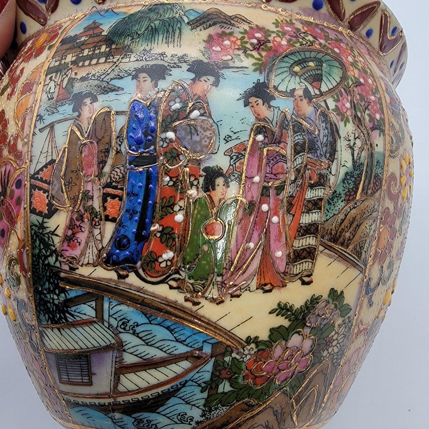 Vintage Satsuma Goldfish Planter Handpainted Geisha Scene