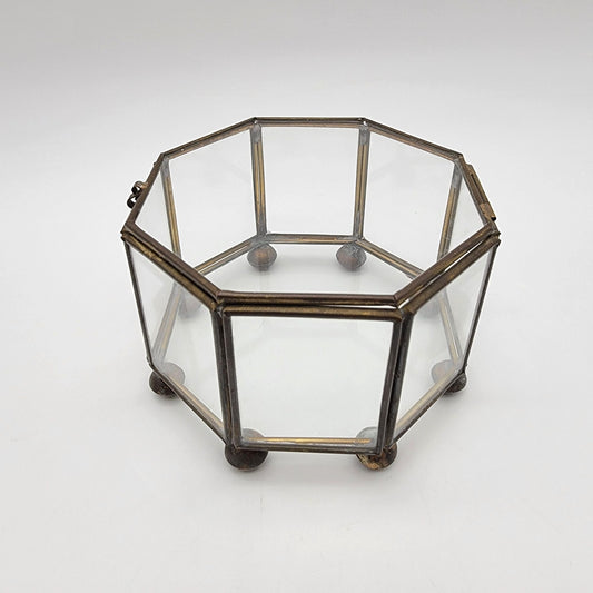 Vintage Hollywood Regency Brass & Glass Octagonal Jewelry Casket Box