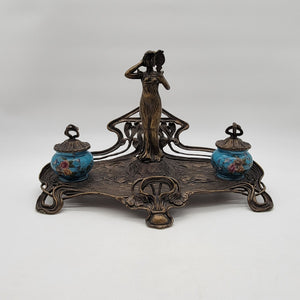 Vintage Art Nouveau Reproduction Brass Double Inkwell by Wong Lee