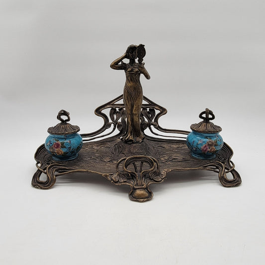 Vintage Art Nouveau Reproduction Brass Double Inkwell by Wong Lee