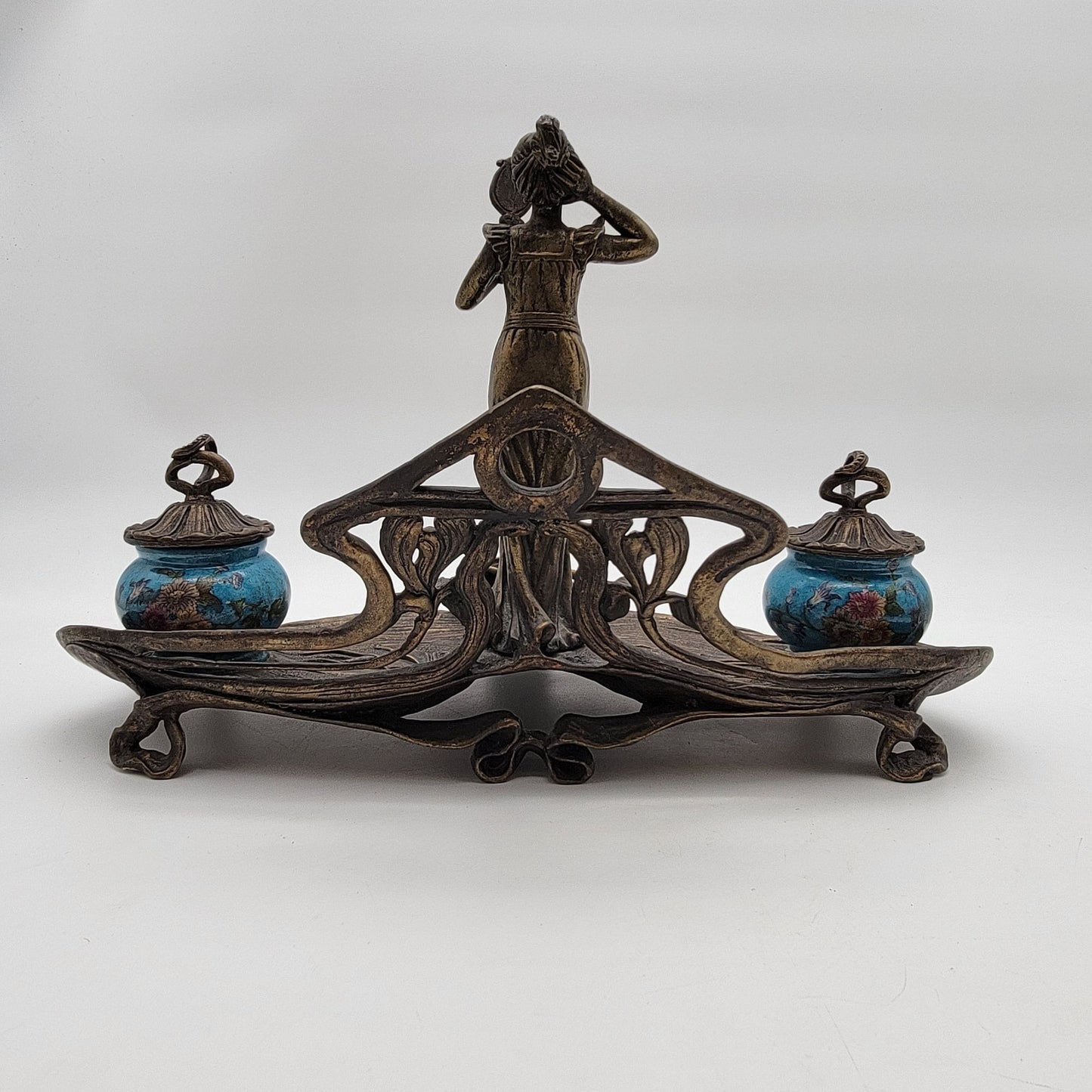 Vintage Art Nouveau Reproduction Brass Double Inkwell by Wong Lee