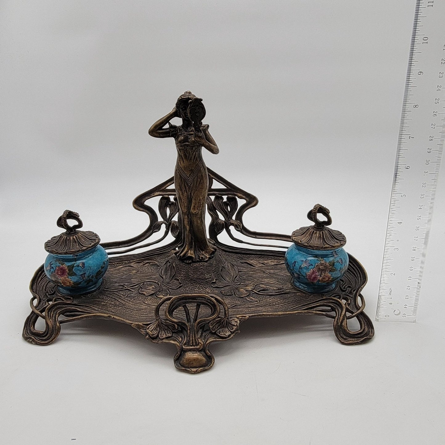 Vintage Art Nouveau Reproduction Brass Double Inkwell by Wong Lee