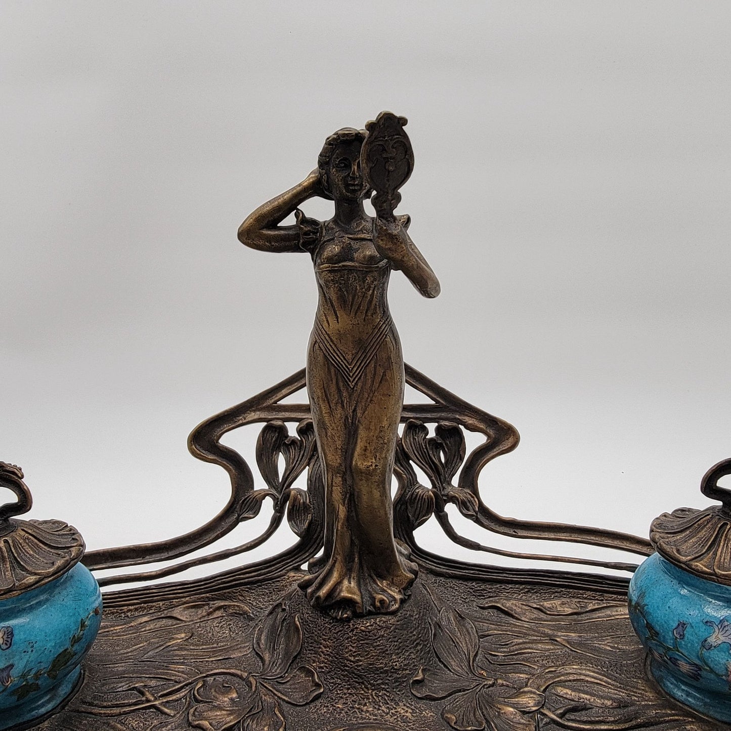 Vintage Art Nouveau Reproduction Brass Double Inkwell by Wong Lee