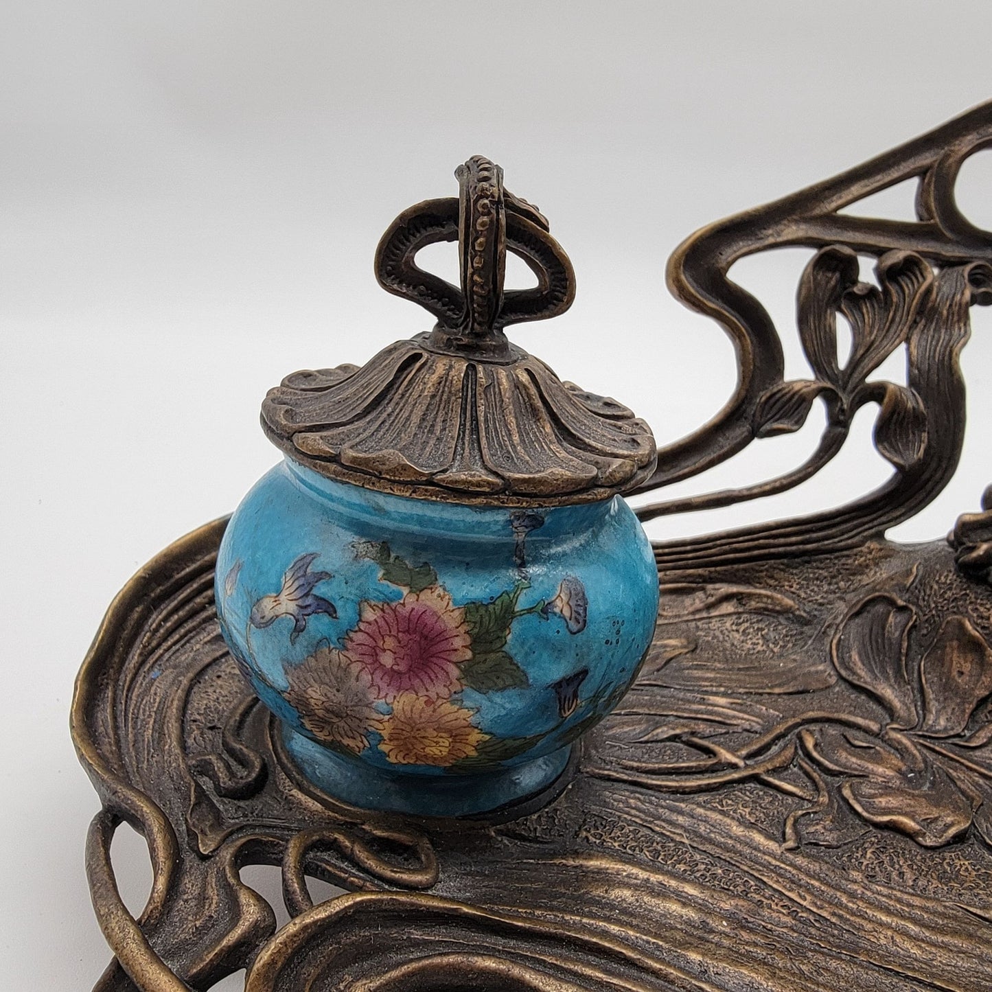 Vintage Art Nouveau Reproduction Brass Double Inkwell by Wong Lee