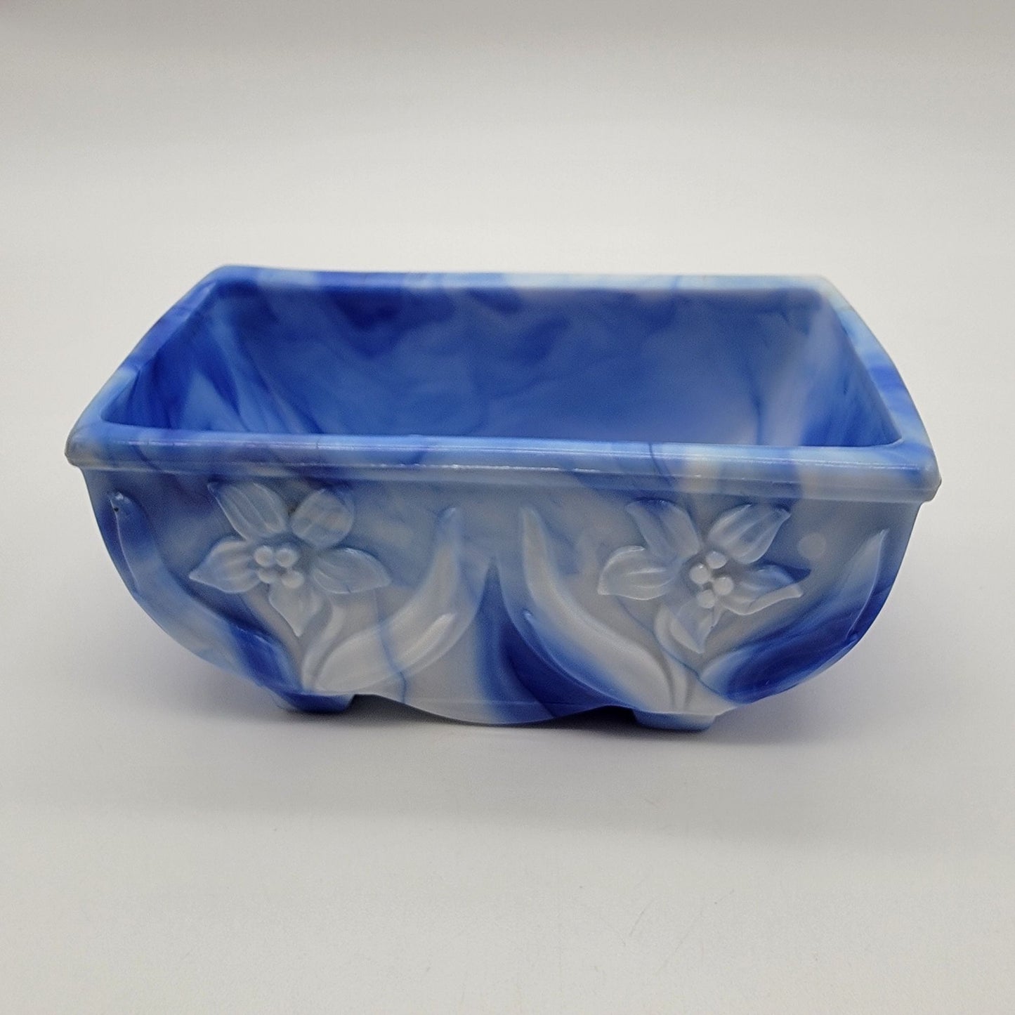 Vintage Akro Agate Slag Glass Daffodil Planter Blue Swirl  #657