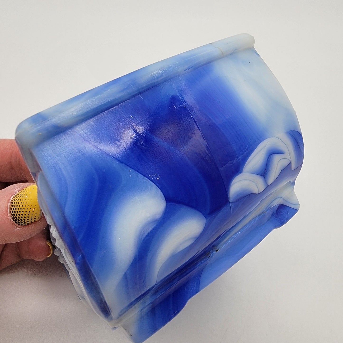 Vintage Akro Agate Slag Glass Daffodil Planter Blue Swirl  #657
