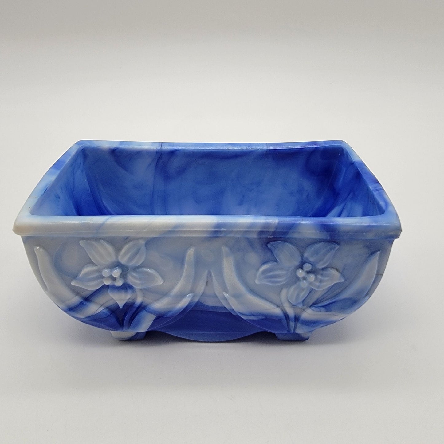 Vintage Akro Agate Slag Glass Daffodil Planter Blue Swirl  #657