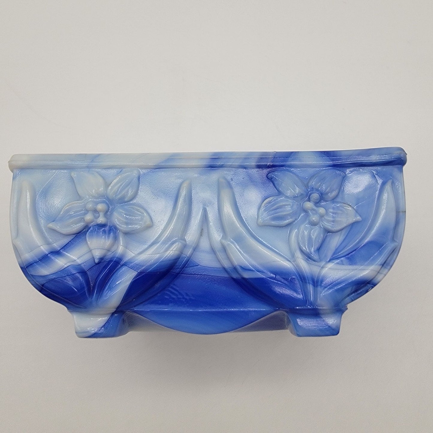 Vintage Akro Agate Slag Glass Daffodil Planter Blue Swirl  #657