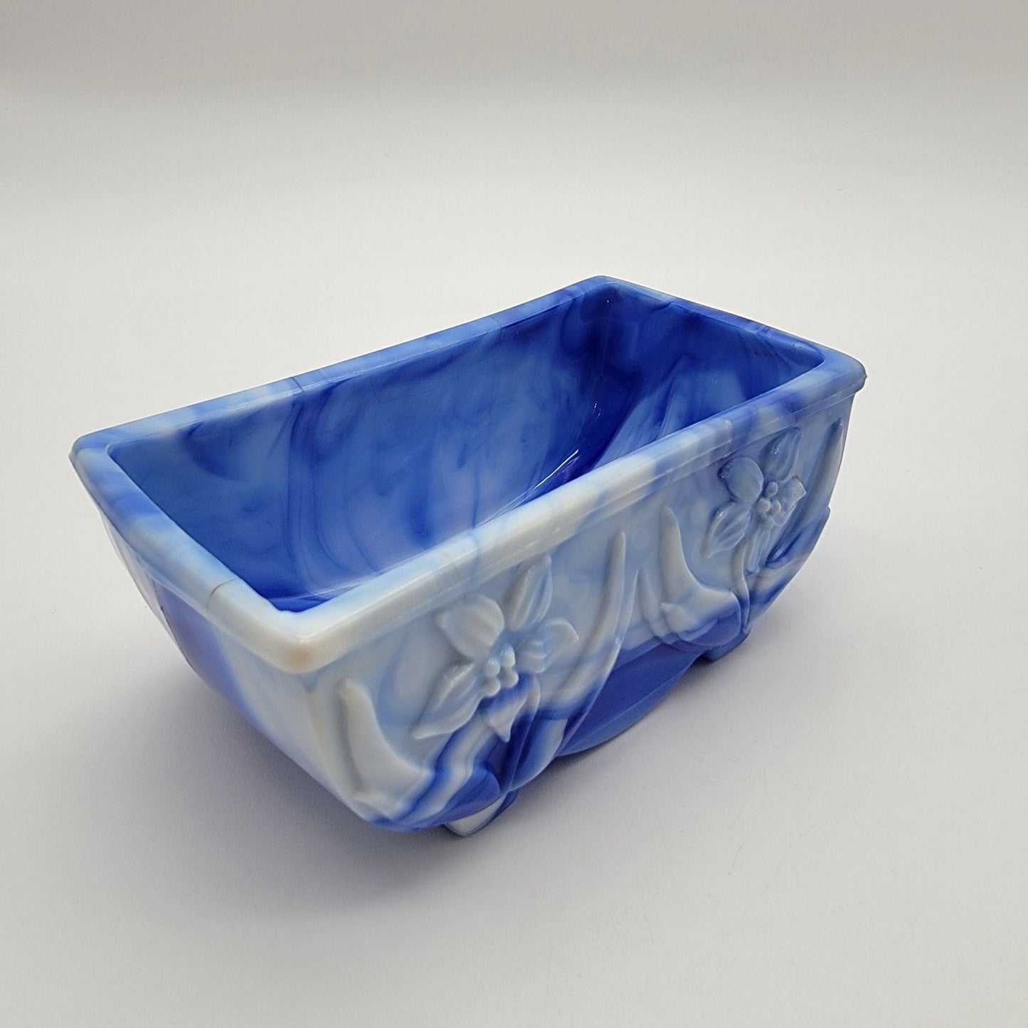 Vintage Akro Agate Slag Glass Daffodil Planter Blue Swirl  #657
