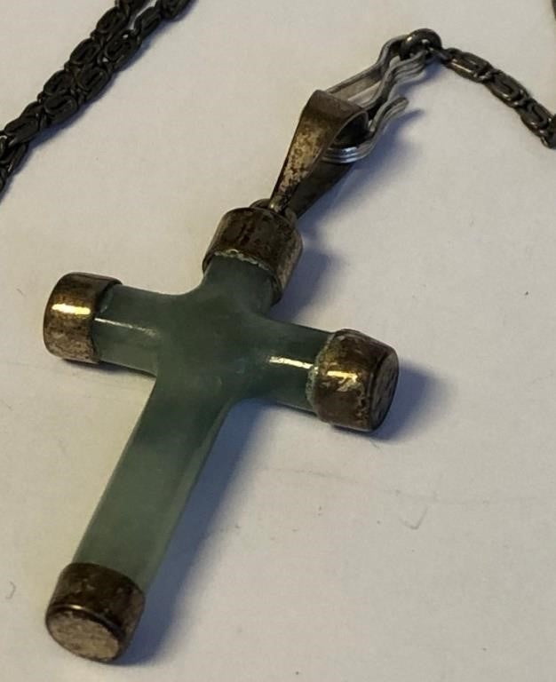 Antique Rosary Style Jade Cross Necklace Sterling Silver