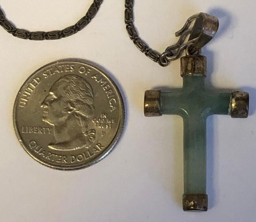 Antique Rosary Style Jade Cross Necklace Sterling Silver