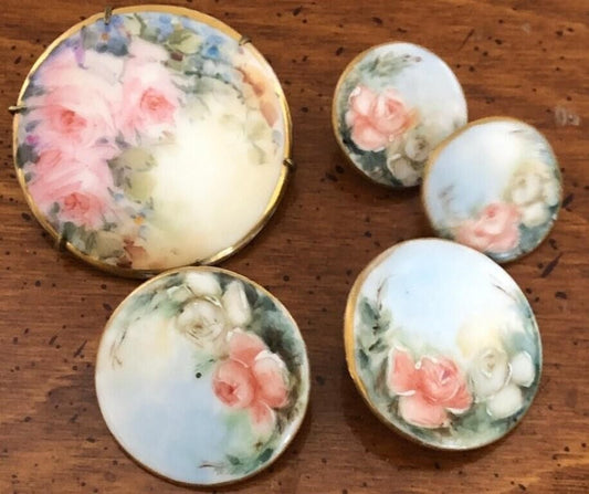 Antique 1900s Hand Painted Porcelain Brooch and Buttons